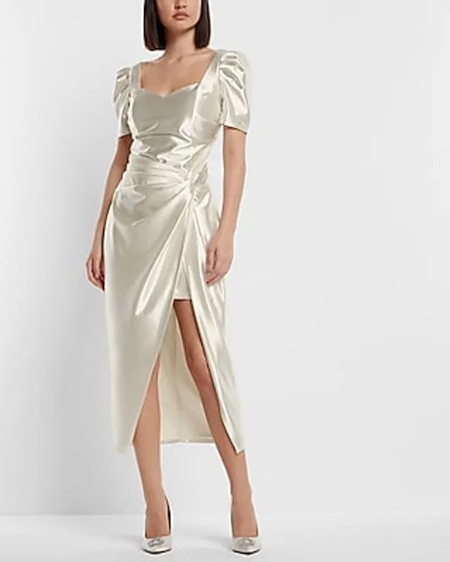 express white satin dress Satin V-neck Sleeveless Tie Shoulder Maxi Slip Dress