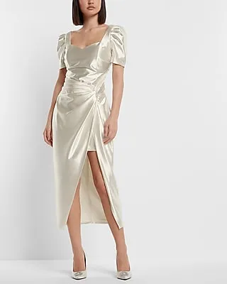 Cocktail & Party Bridal Satin Ruched Slit Front Midi Dress