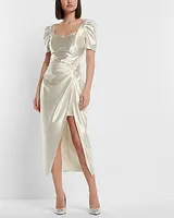 Cocktail & Party Bridal Satin Ruched Slit Front Midi Dress White Women's XS