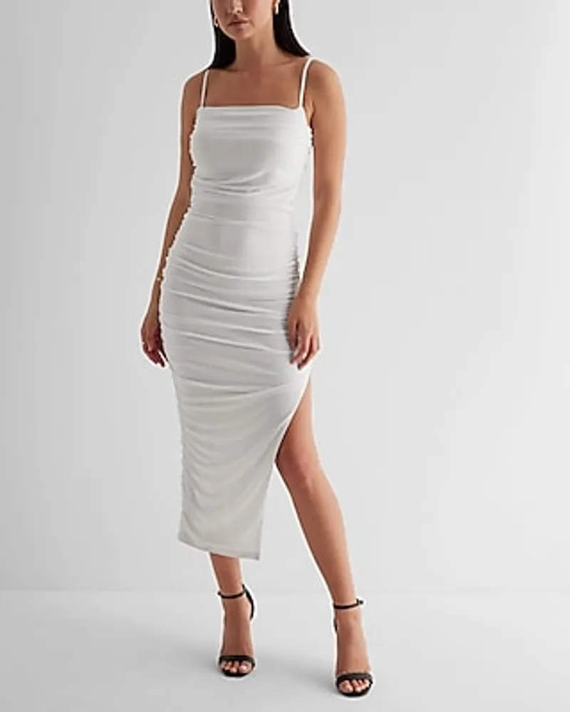 Cocktail & Party,Date Night Body Contour Mesh Ruched Side Slit Midi Dress With Bra Cups