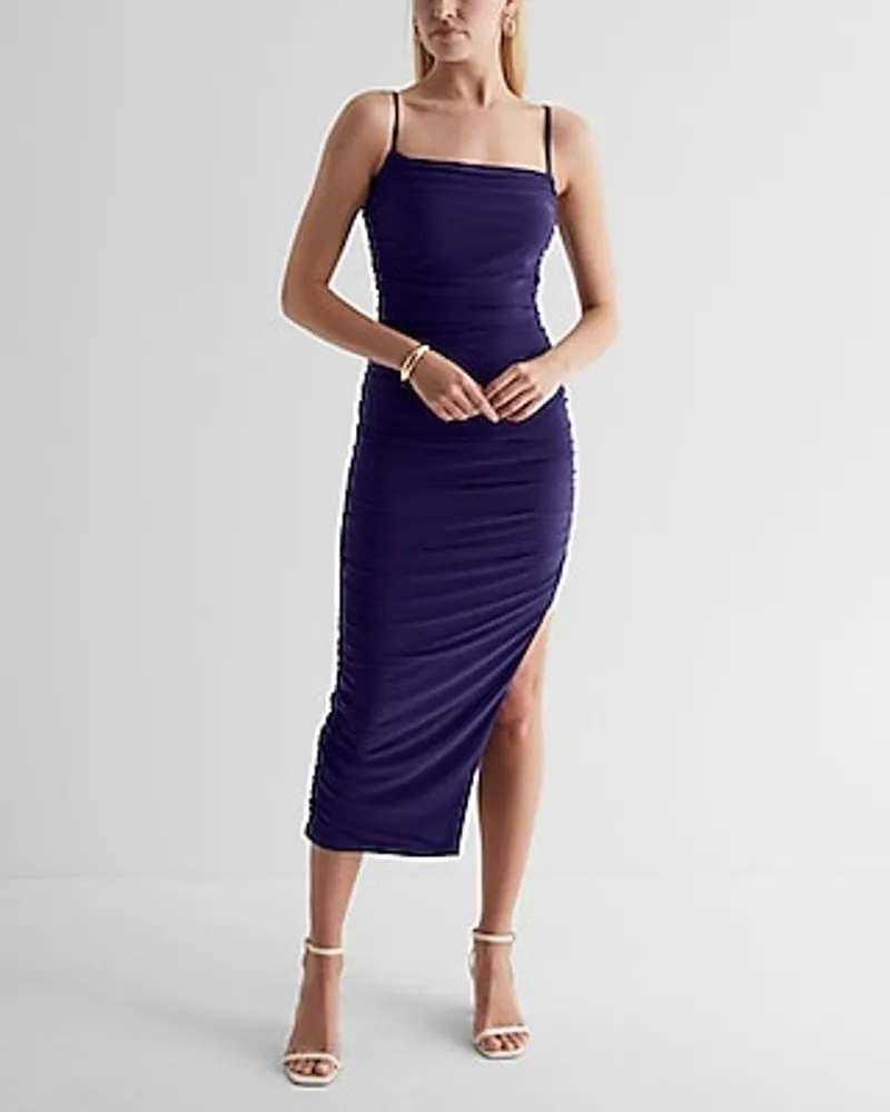 Express Cocktail & Party,Date Night Body Contour Mesh Ruched Side Slit Midi  Dress With Bra Cups Blue Women's XS