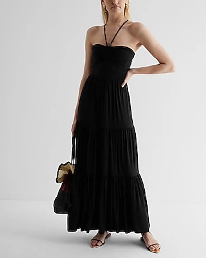 Casual Halter Neck Ruched Strappy Back Tiered Maxi Dress Black Women's XS