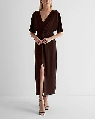 Casual V-Neck Twist Front Maxi Dress Brown Women's XS