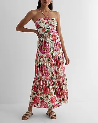 Casual Floral Halter Neck Ruched Strappy Back Tiered Maxi Dress Multi-Color Women's XL