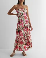 Casual Floral Halter Neck Ruched Strappy Back Tiered Maxi Dress