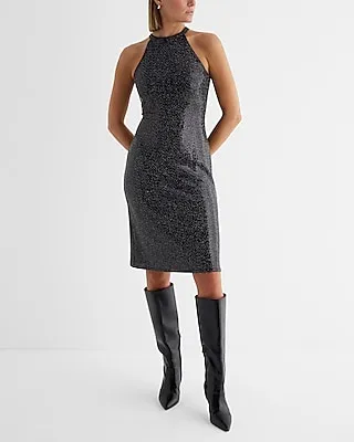 Cocktail & Party,Date Night Sequin Halter Neck Sleeveless Mini Dress
