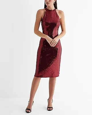 Cocktail & Party,Date Night Sequin Halter Neck Sleeveless Mini Dress Red Women's XS