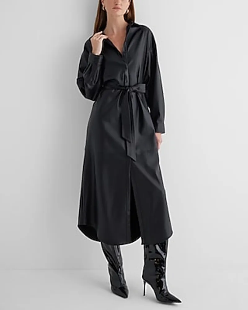 Work Faux Leather Boyfriend Midi Portofino Shirt Dress