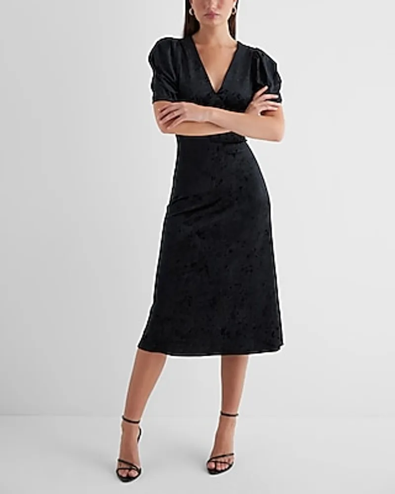 Cocktail & Party Crushed Velvet V-Neck Puff Sleeve Midi Dress Women