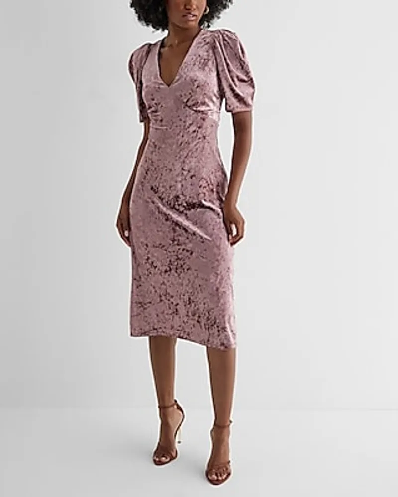 Cocktail & Party Crushed Velvet V-Neck Puff Sleeve Midi Dress