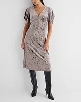 Cocktail & Party Crushed Velvet V-Neck Puff Sleeve Midi Dress Brown Women's XS