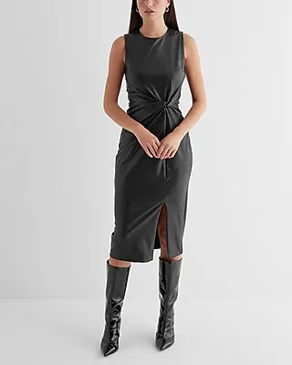 Work,Cocktail & Party Body Contour Faux Leather Twist Front Midi Dress Black Women's XS