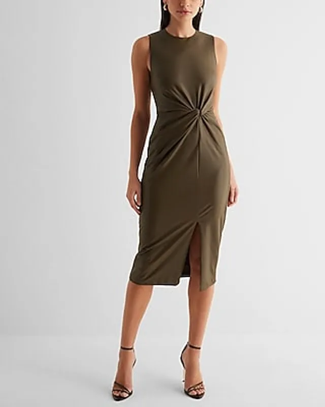 Express Work Bodycon Faux Leather Twist Front Midi Dress With Built-In  Shapewear Neutral Women's