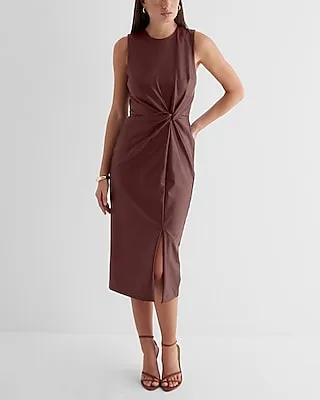 Work,Cocktail & Party Body Contour Faux Leather Twist Front Midi Dress Brown Women's XS