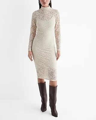 Date Night,Cocktail & Party Lace Mock Neck Long Sleeve Midi Dress