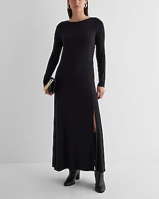 Date Night,Casual Boat Neck Long Sleeve Side Slit Maxi Dress Black Women's