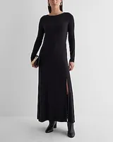 Date Night,Casual Boat Neck Long Sleeve Side Slit Maxi Dress Black Women's L