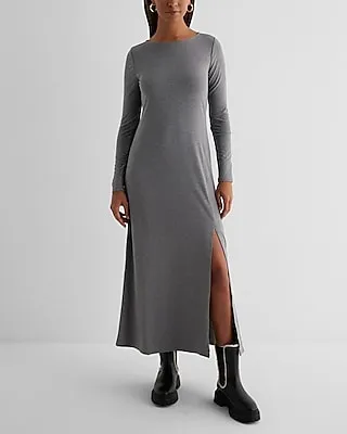 Date Night,Casual Boat Neck Long Sleeve Side Slit Maxi Dress Gray Women's S