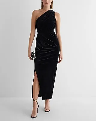 Cocktail & Party Velvet One Shoulder Ruched Maxi Dress Black Women's L