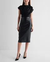 Work Metallic Draped Mock Neck Faux Leather Midi Dress Black Women's