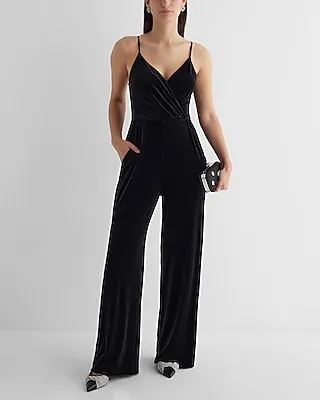 Date Night,Cocktail & Party Velvet V-Neck Surplice Wide Leg Palazzo Jumpsuit Black Women's L