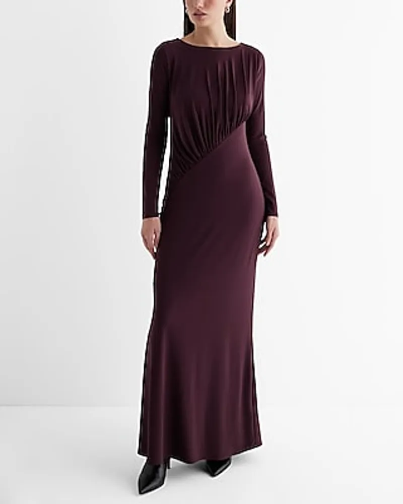 Date Night,Cocktail & Party Boat Neck Long Sleeve Ruched Top Maxi Dress Red Women's L