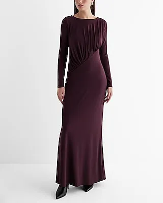 Date Night,Cocktail & Party Boat Neck Long Sleeve Ruched Top Maxi Dress Red Women's XS