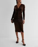 Cocktail & Party Velvet V-Neck Puff Sleeve Ruched Midi Dress