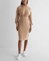 Casual Long Sleeve Midi Hoodie Dress Brown Women's XS