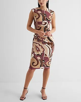 Work Printed Crew Neck Cap Sleeve Back Zipper Midi Dress