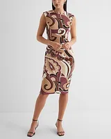 Work Printed Crew Neck Cap Sleeve Back Zipper Midi Dress