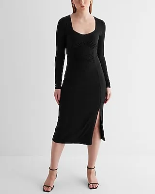 Cocktail & Party Sweetheart Neckline Long Sleeve Ruched Side Slit Midi Dress Black Women's