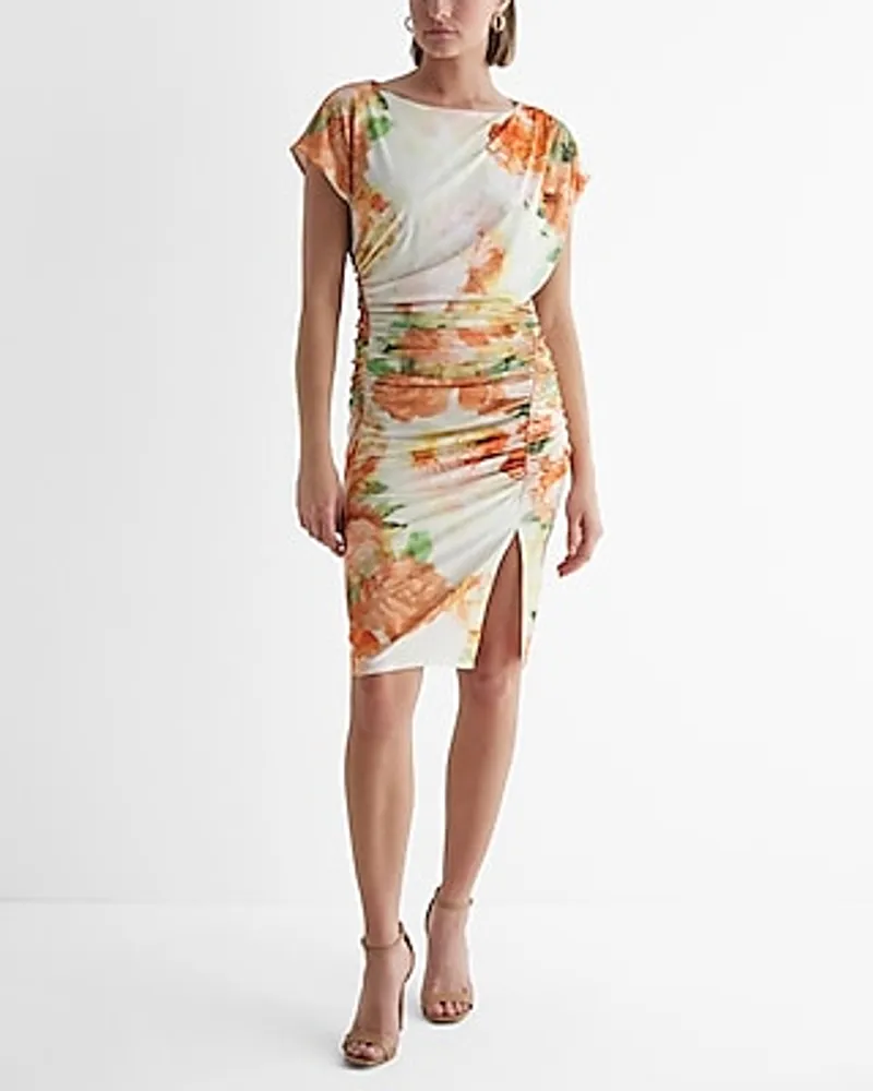 Date Night,Cocktail & Party,Vacation Floral Draped Cap Sleeve Ruched Midi Dress