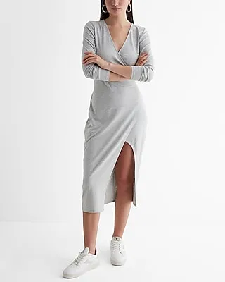 Work,Casual V-Neck Long Sleeve Surplice Midi Dress Women's