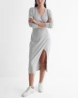 Work,Casual V-Neck Long Sleeve Surplice Midi Dress Gray Women's S