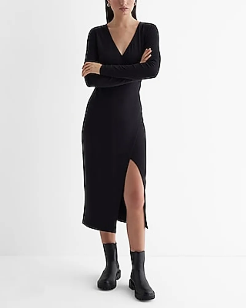 Work,Casual V-Neck Long Sleeve Surplice Midi Dress Women's