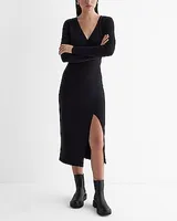 Work,Casual V-Neck Long Sleeve Surplice Midi Dress Women