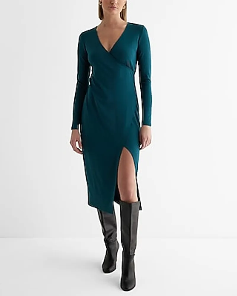 Work,Casual V-Neck Long Sleeve Surplice Midi Dress Green Women's L