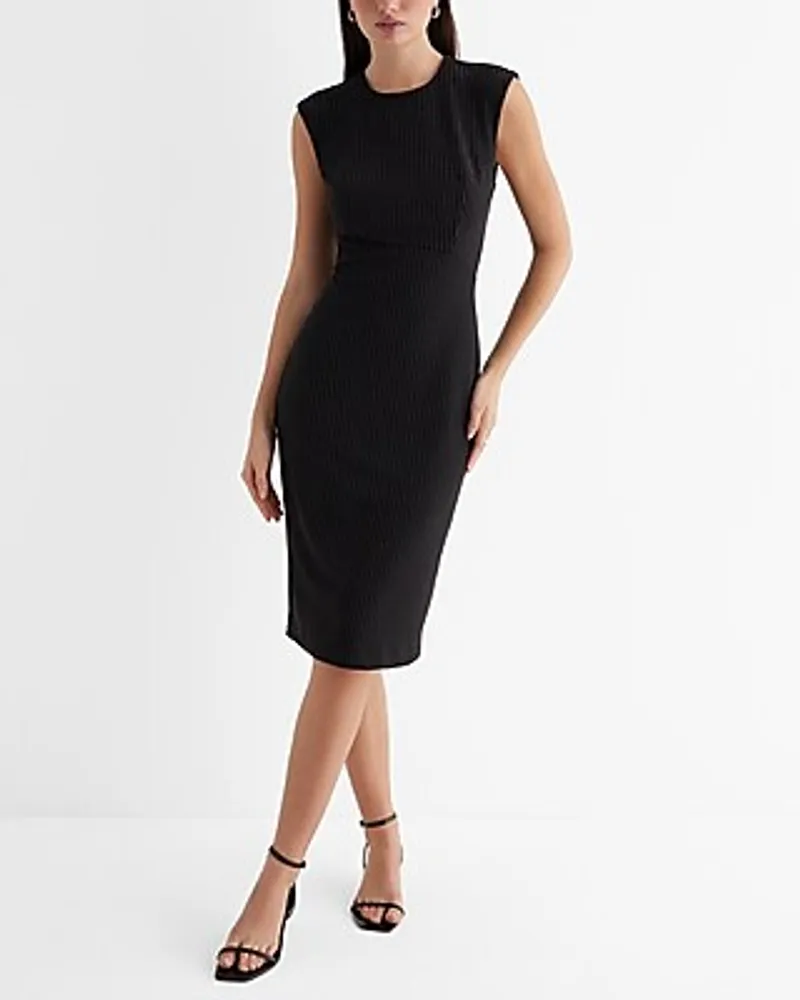 Work Pinstripe Cap Sleeve Back Zipper Midi Dress