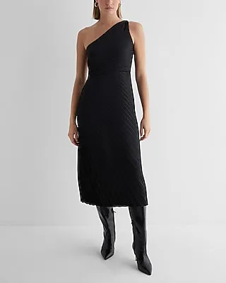 Cocktail & Party,Formal Satin One Shoulder Pleated Midi Dress Black Women's M