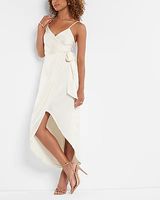 Cocktail & Party Satin Faux Wrap Tie Waist Hi-Lo Midi Dress