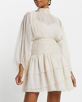 Cocktail & Party Mock Neck Long Sleeve Pleated Waist Tiered Ruffle Mini Dress