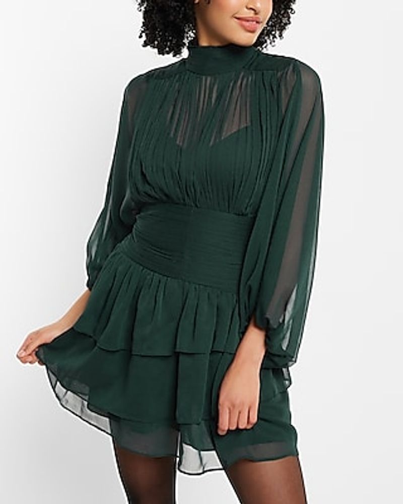 Cocktail & Party Mock Neck Long Sleeve Pleated Waist Tiered Ruffle Mini Dress Women's