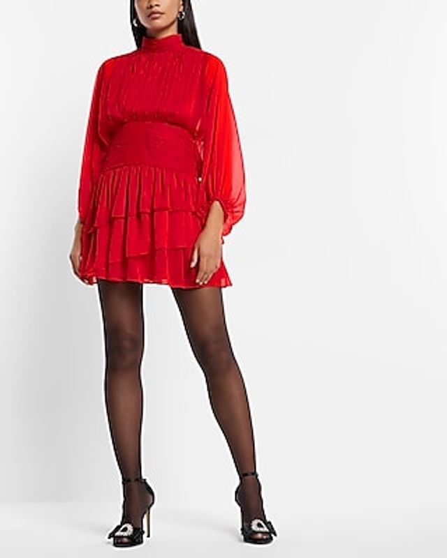 mock neck long sleeve pleated waist tiered ruffle mini dress Express Cocktail & Party Mock Neck Long Sleeve Pleated Waist Tiered Ruffle  Mini Dress Women's