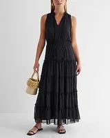 Casual V-Neck Tiered Maxi Dress Black Women's XS