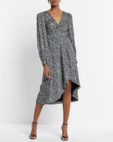 Cocktail & Party Satin Printed Long Sleeve Twist Front Hi-Lo Midi Dress Black Women's S