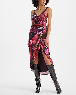 Cocktail & Party Floral Satin Twist Waist Hi-Lo Midi Dress Multi-Color Women's XS