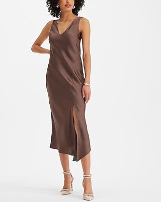 Cocktail & Party Satin V-Neck Asymmetrical Hem Midi Slip Dress