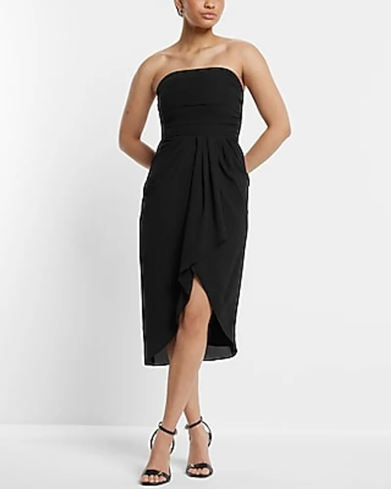 Cocktail & Party Strapless Draped Ruched Midi Dress Black Women's