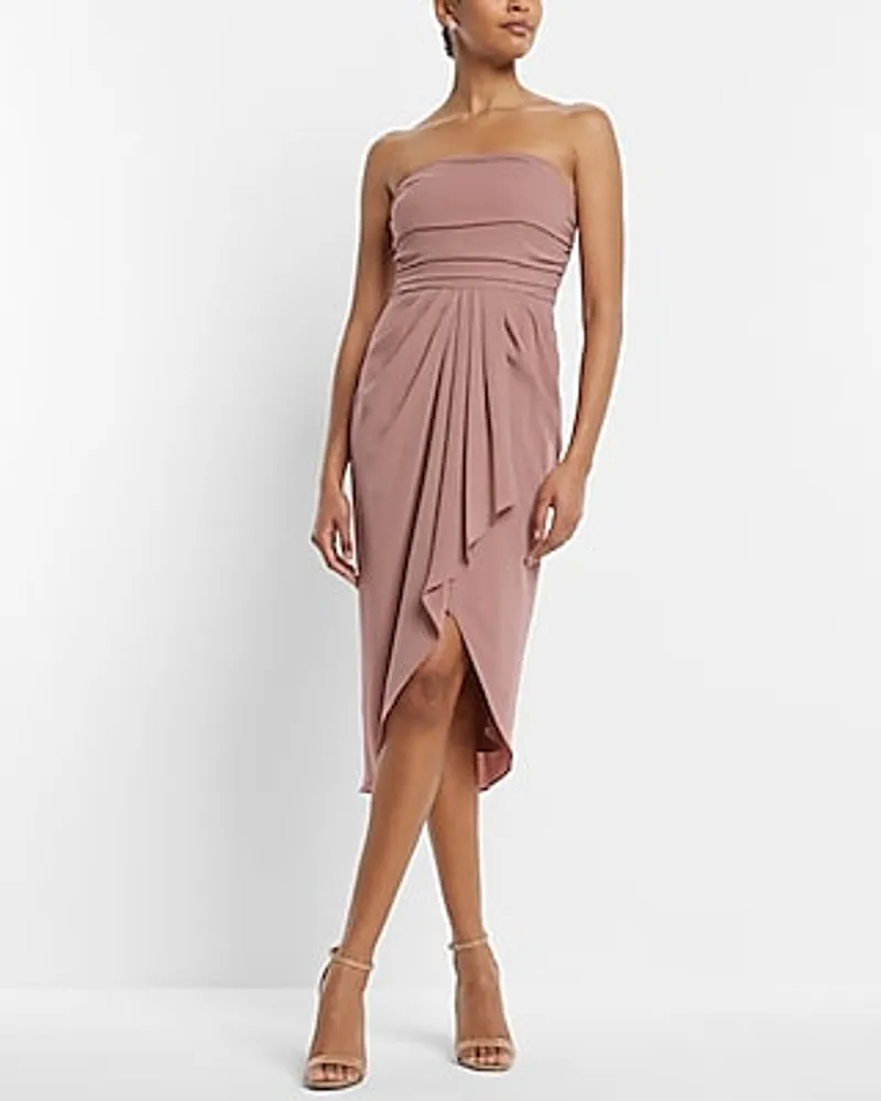 Cocktail & Party Strapless Draped Ruched Midi Dress Pink Women's